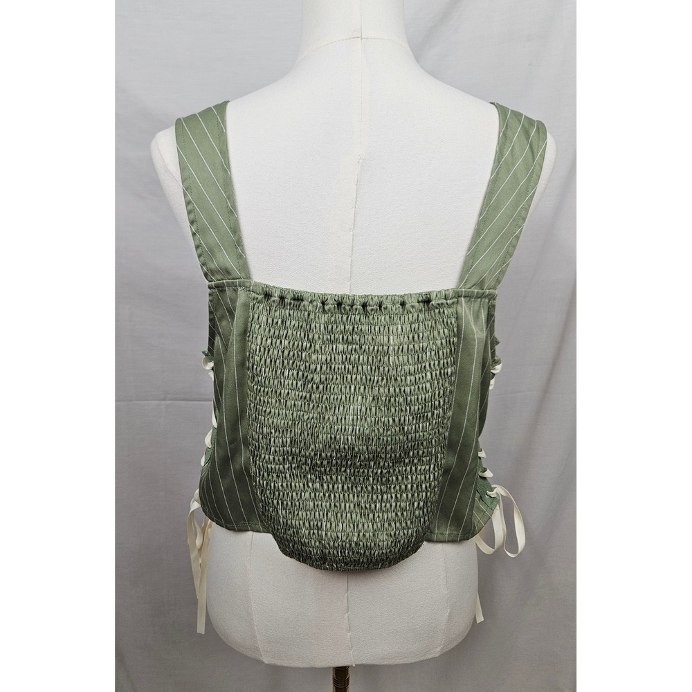Cider Green Pinstripe Lace Up Side Corset Top Smocked Back 1XL Boho Cottagecore - Picture 2 of 6